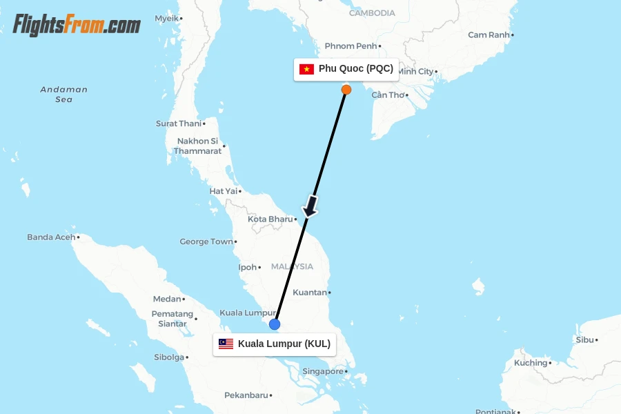 Flights from Phu Quoc to Kuala Lumpur route map