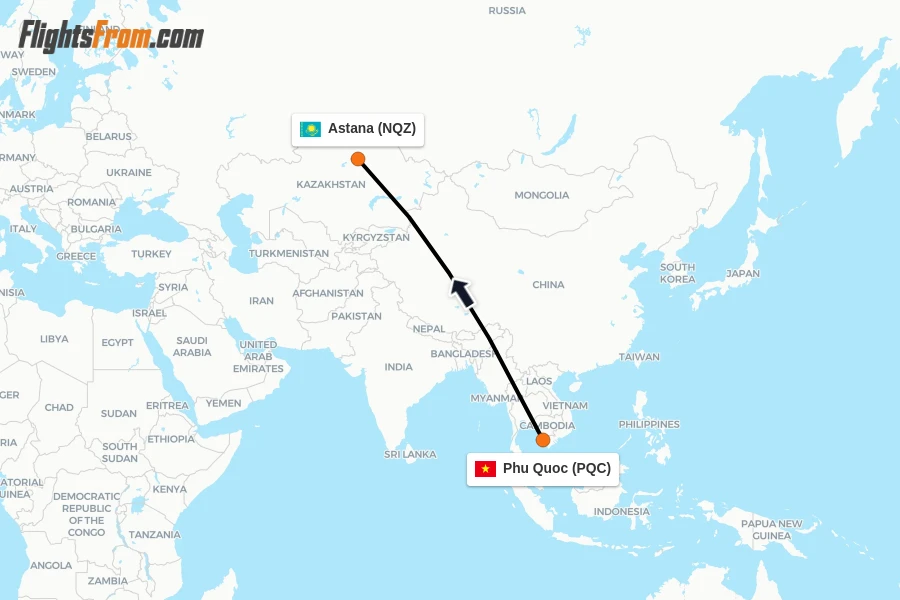 Flights from Phu Quoc to Astana route map