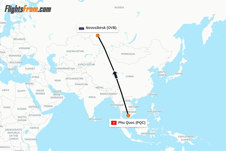 Flights from Phu Quoc to Novosibirsk route map