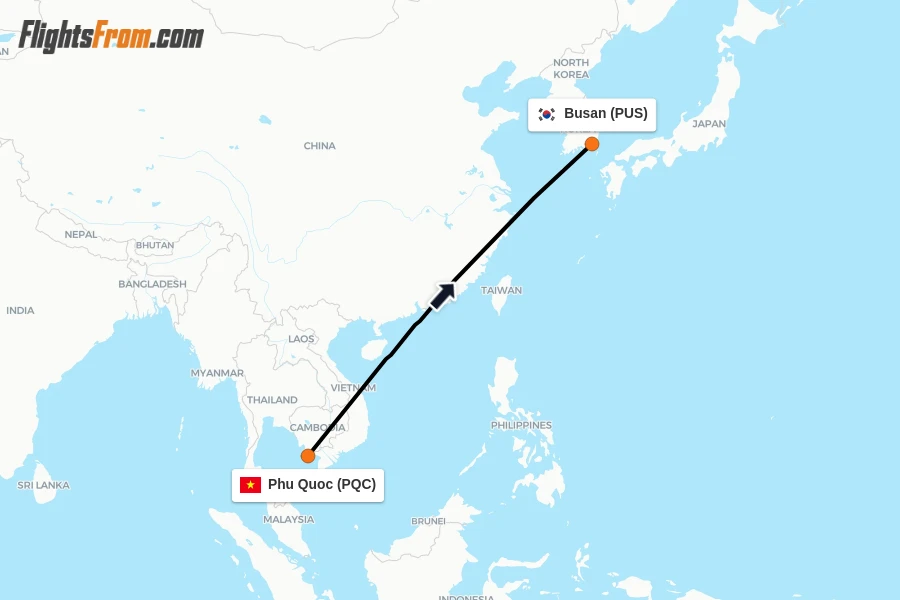 Flights from Phu Quoc to Busan route map