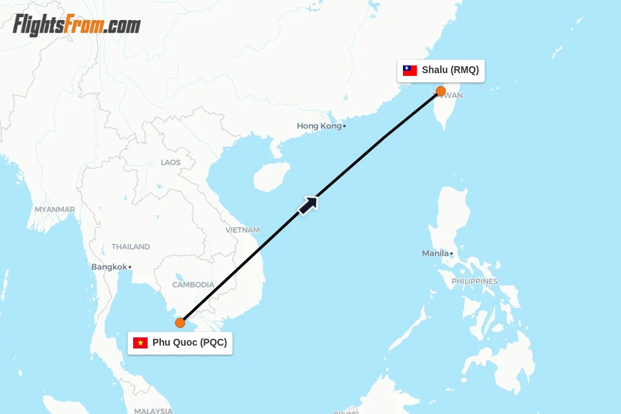Flights from Phu Quoc to Shalu route map