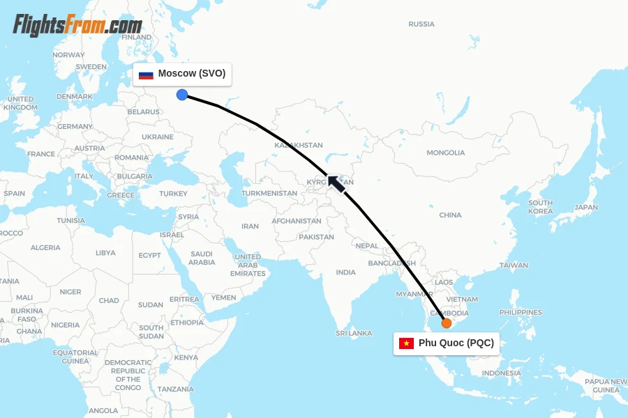 Flights from Phu Quoc to Moscow route map