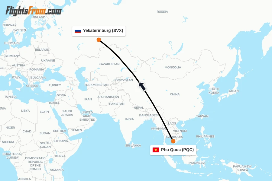 Flights from Phu Quoc to Yekaterinburg route map