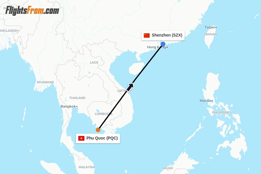 Flights from Phu Quoc to Shenzhen route map
