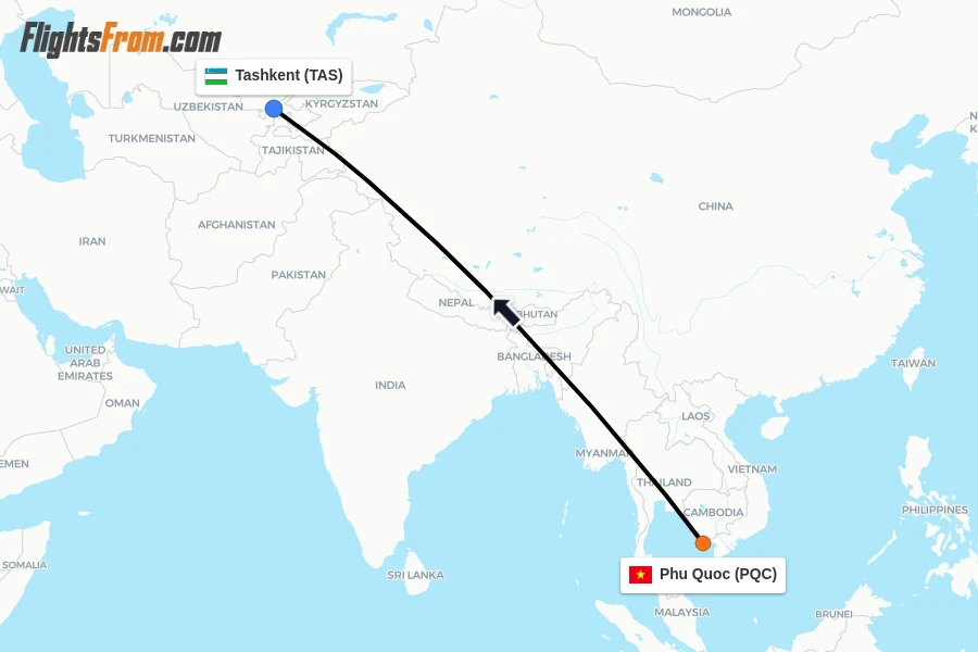 Flights from Phu Quoc to Tashkent route map