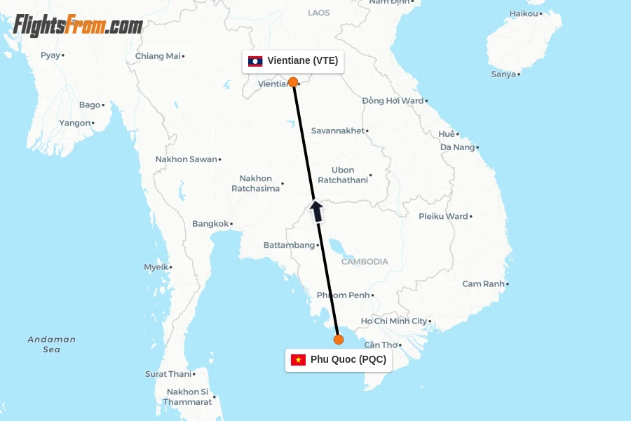 Flights from Phu Quoc to Vientiane route map