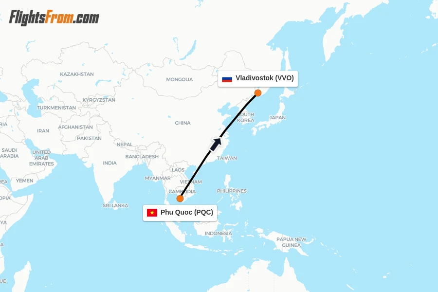 Flights from Phu Quoc to Vladivostok route map