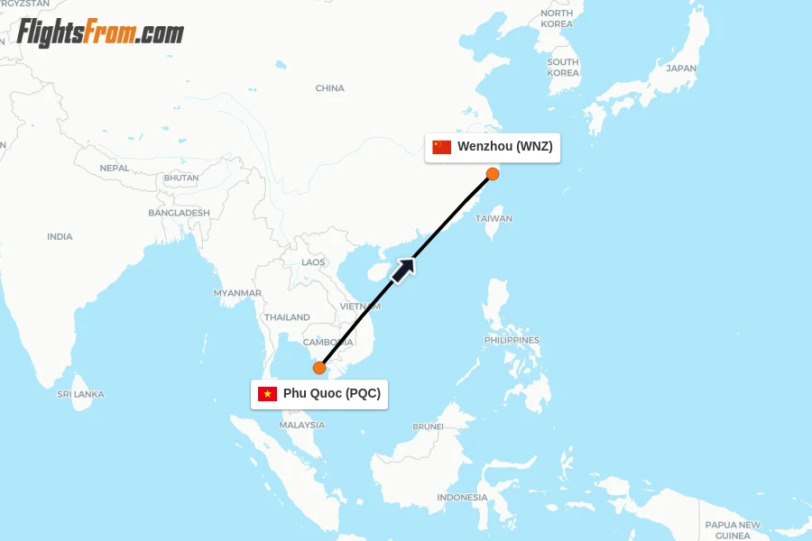 Flights from Phu Quoc to Wenzhou route map
