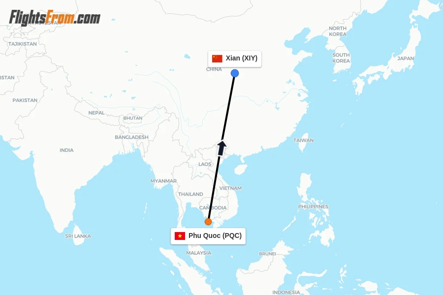 Flights from Phu Quoc to Xian route map