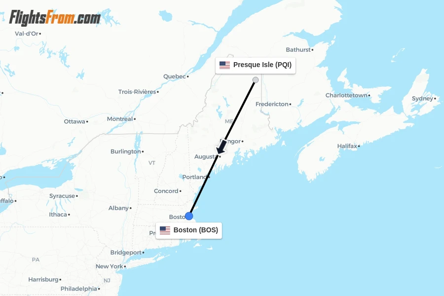 Flights from Presque Isle to Boston route map