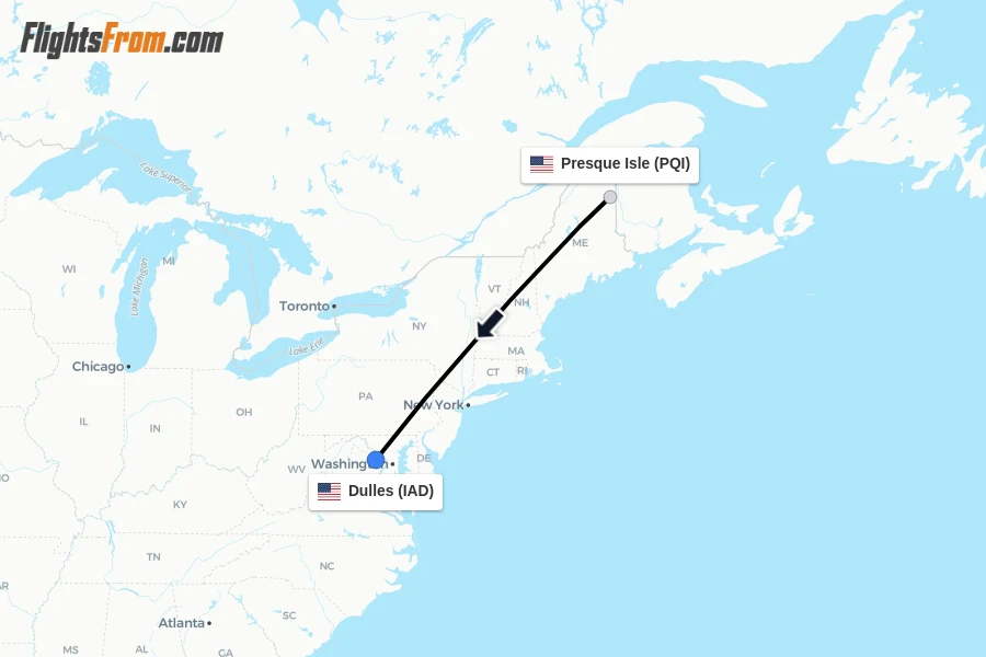 Flights from Presque Isle to Dulles route map