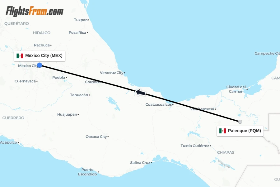 Flights from Palenque to Mexico City route map