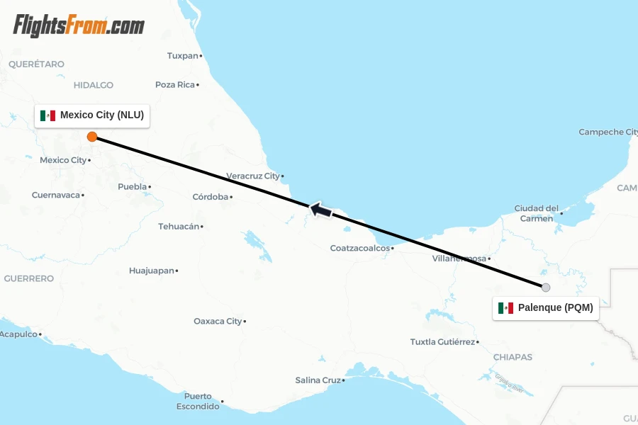 Flights from Palenque to Mexico City route map