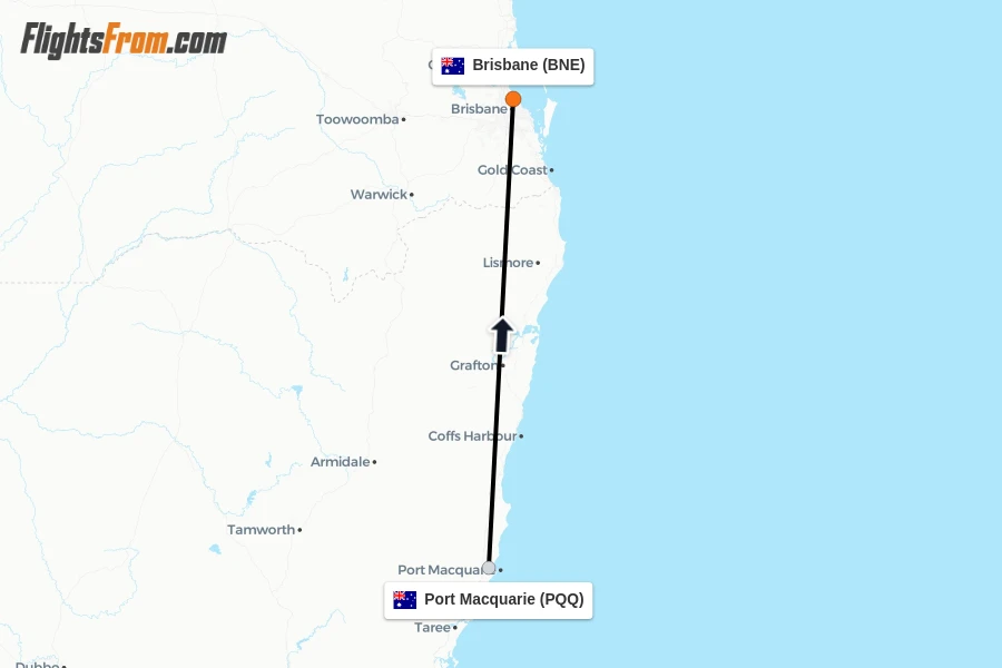 Flights from Port Macquarie to Brisbane route map