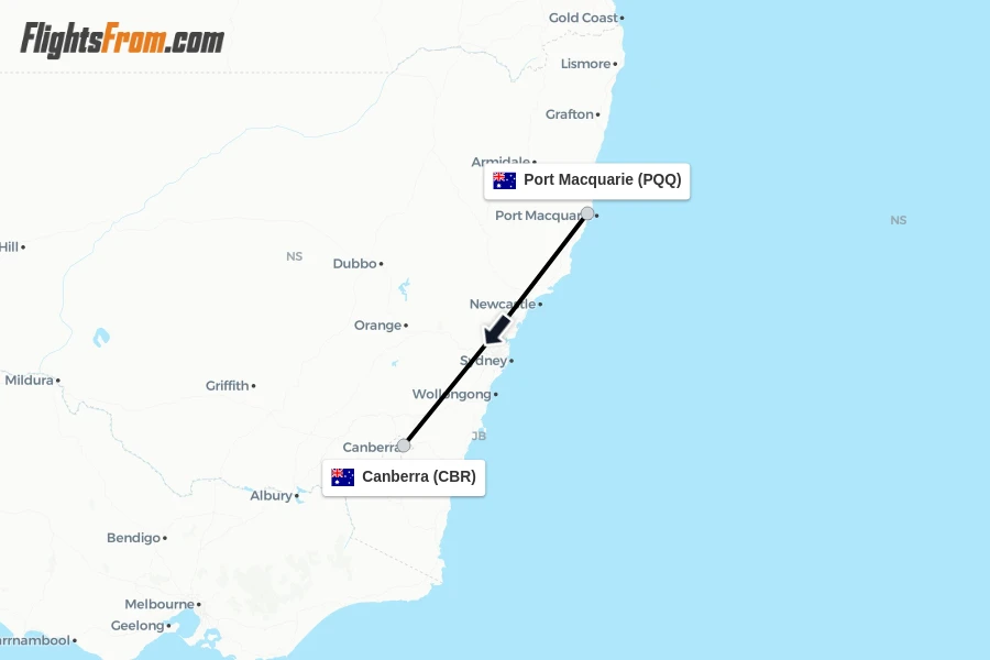 Flights from Port Macquarie to Canberra route map