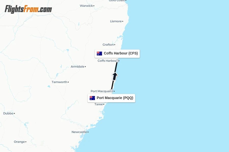 Flights from Port Macquarie to Coffs Harbour route map