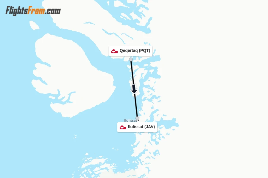 Flights from Qeqertaq to Ilulissat route map