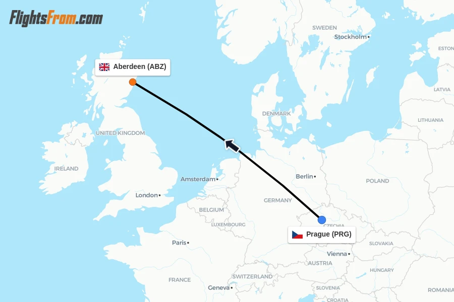 Flights from Prague to Aberdeen route map
