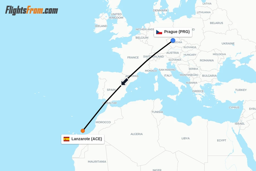 Flights from Prague to Lanzarote route map