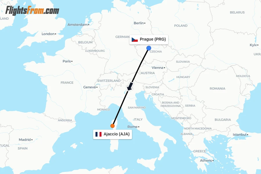 Flights from Prague to Ajaccio route map