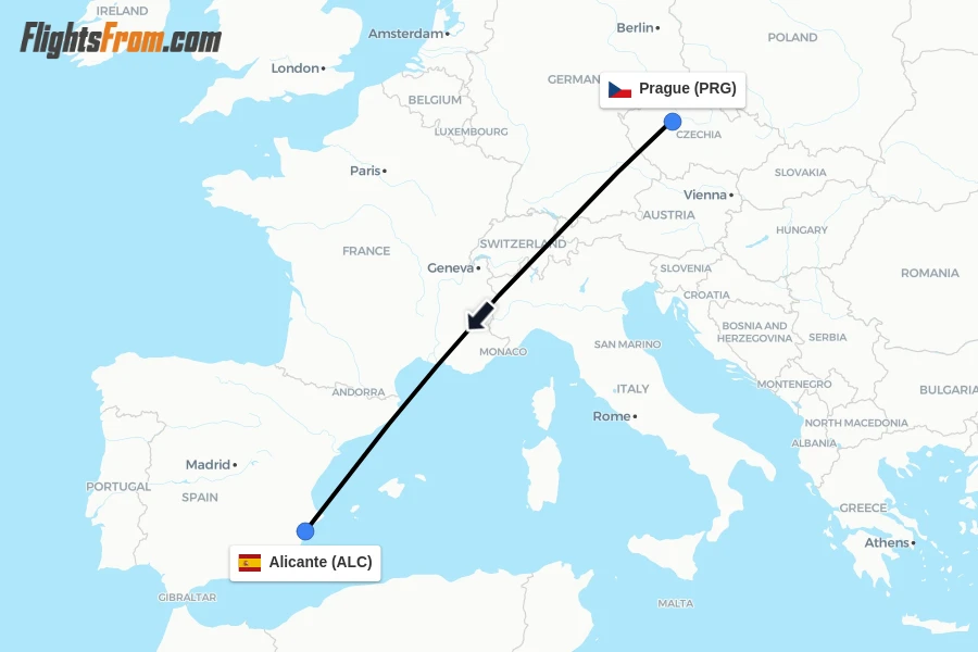 Flights from Prague to Alicante route map