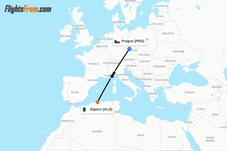 Flights from Prague to Algiers route map