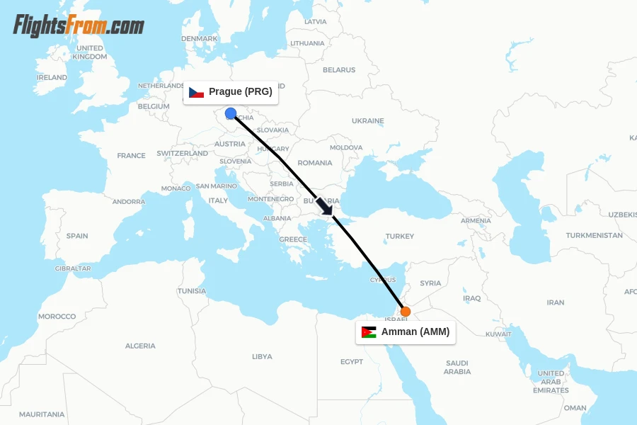 Flights from Prague to Amman route map