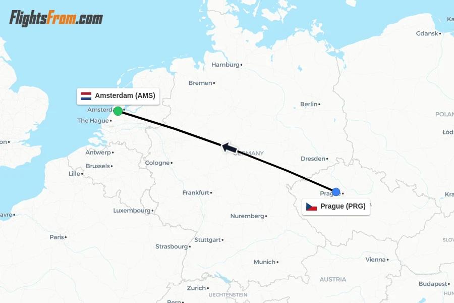 Flights from Prague to Amsterdam route map
