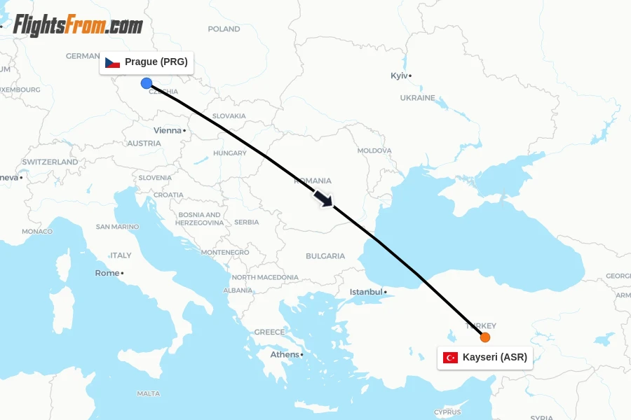 Flights from Prague to Kayseri route map