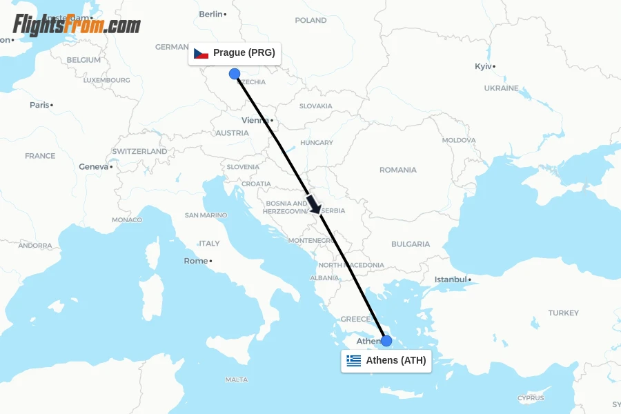 Flights from Prague to Athens route map