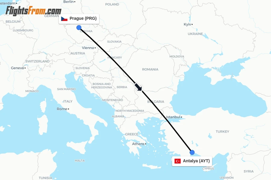 Flights from Prague to Antalya route map