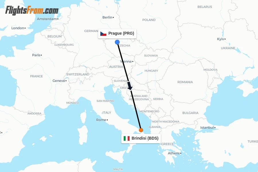 Flights from Prague to Brindisi route map