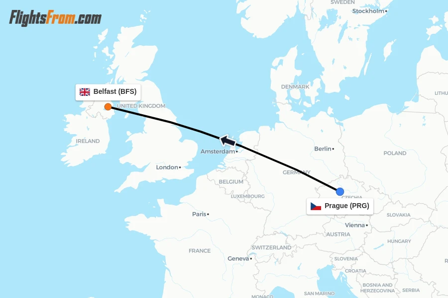 Flights from Prague to Belfast route map
