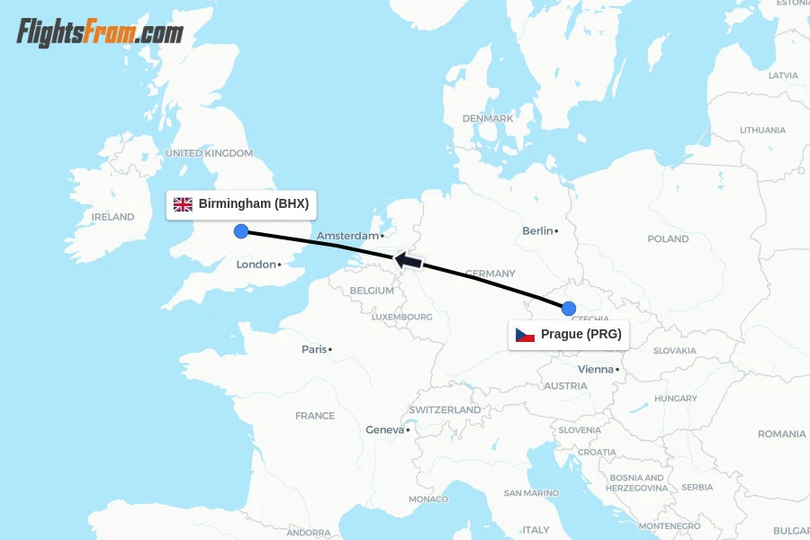 Flights from Prague to Birmingham route map