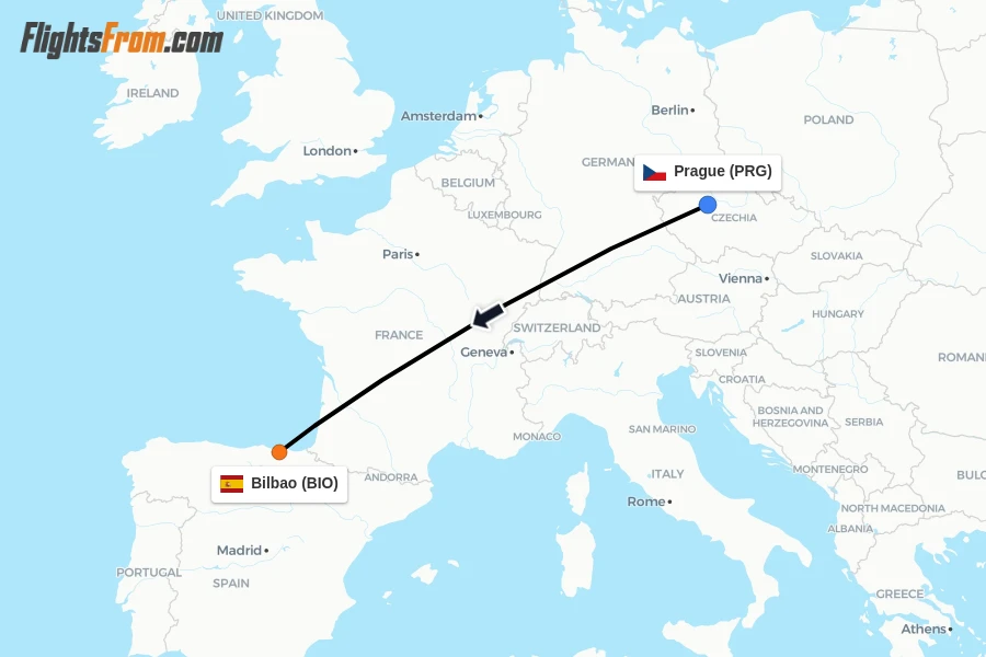 Flights from Prague to Bilbao route map