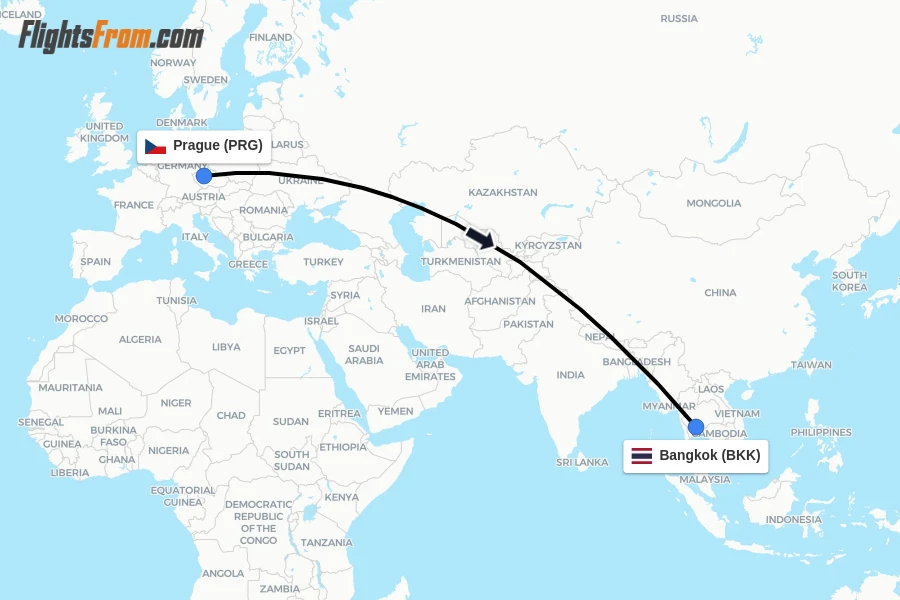 Flights from Prague to Bangkok route map