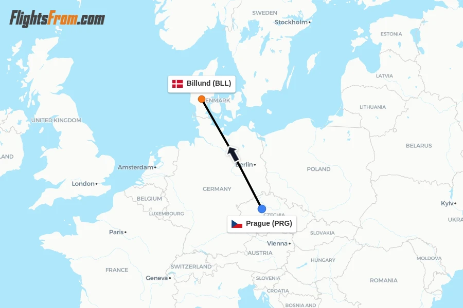 Flights from Prague to Billund route map