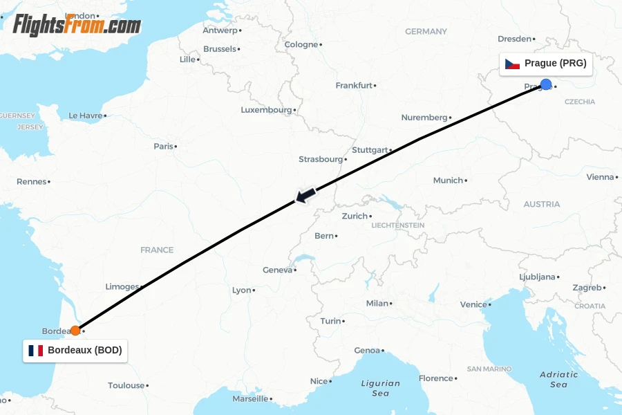 Flights from Prague to Bordeaux route map