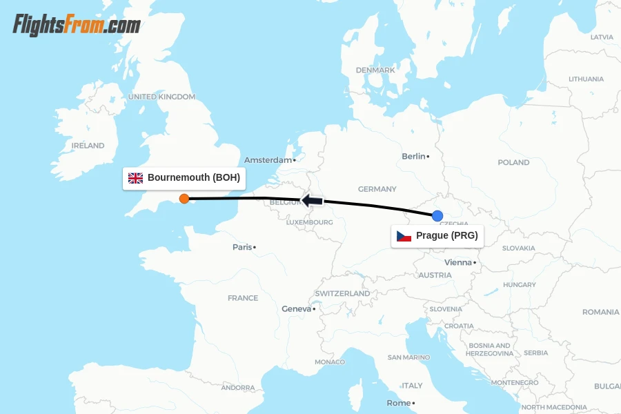 Flights from Prague to Bournemouth route map