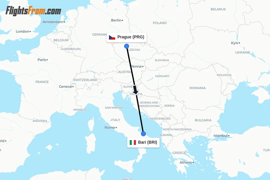 Flights from Prague to Bari route map