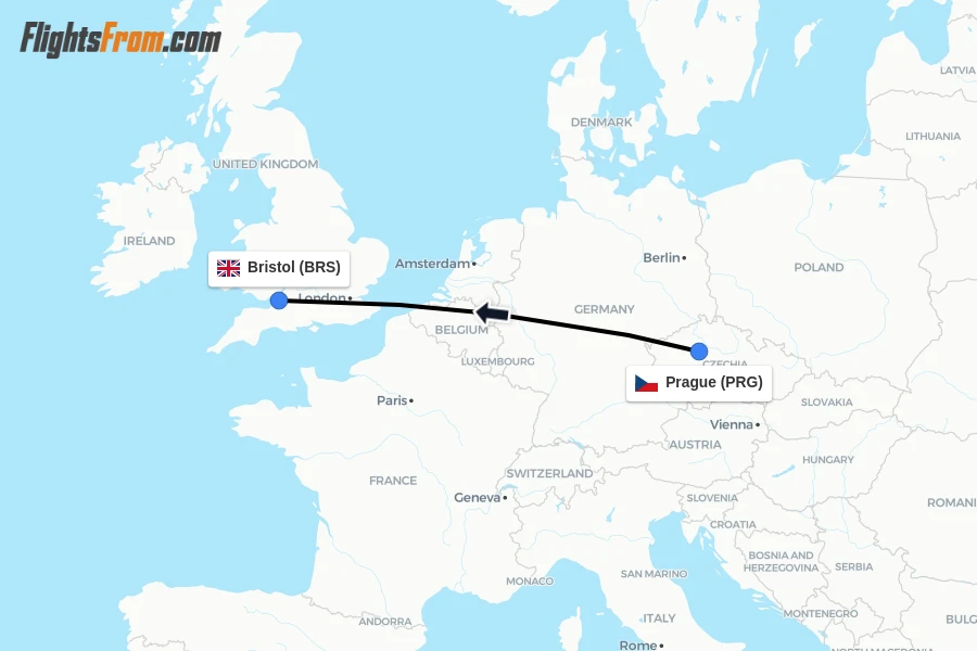 Flights from Prague to Bristol route map