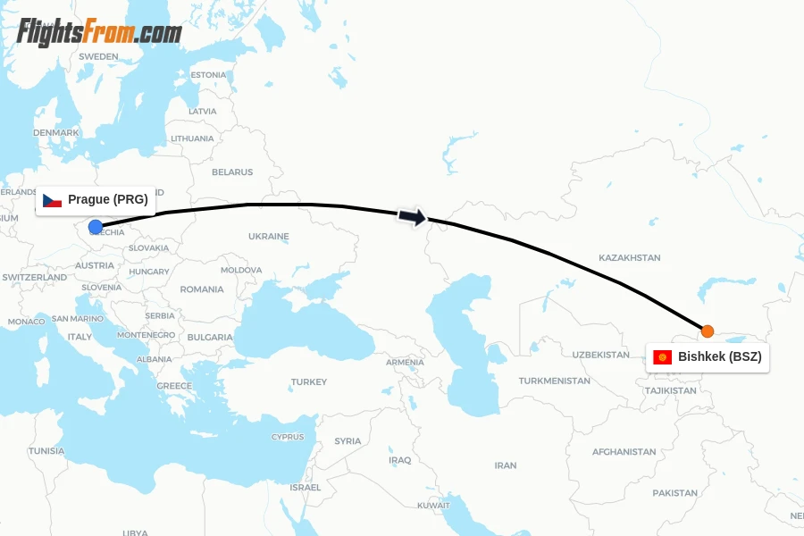 Flights from Prague to Bishkek route map