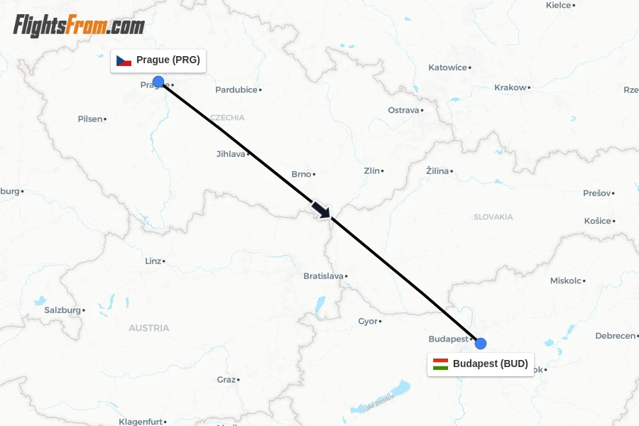 Flights from Prague to Budapest route map