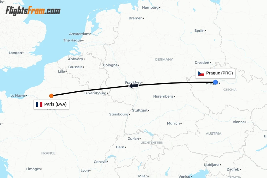Flights from Prague to Paris route map