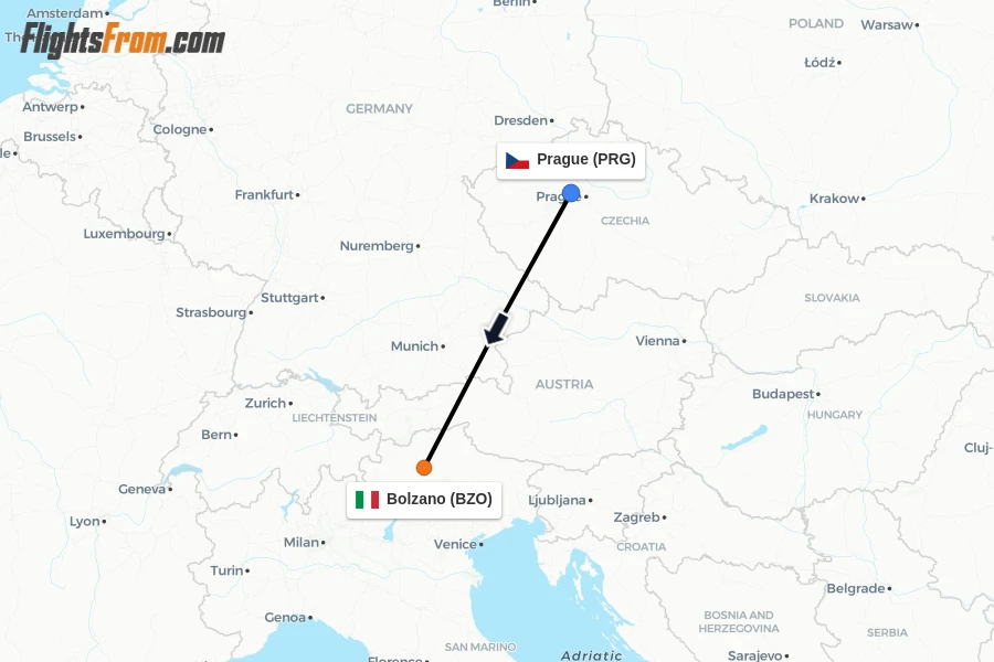 Flights from Prague to Bolzano route map