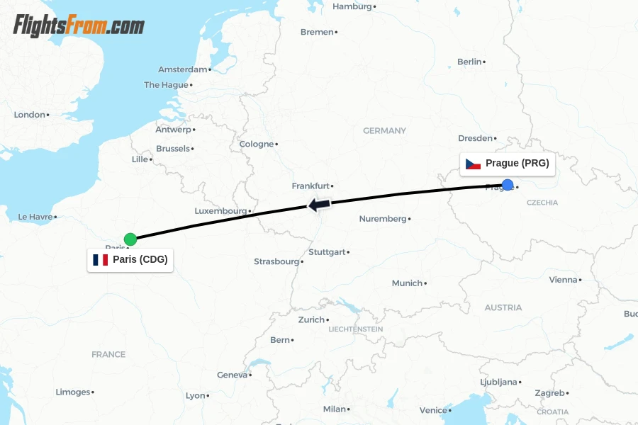 Flights from Prague to Paris route map
