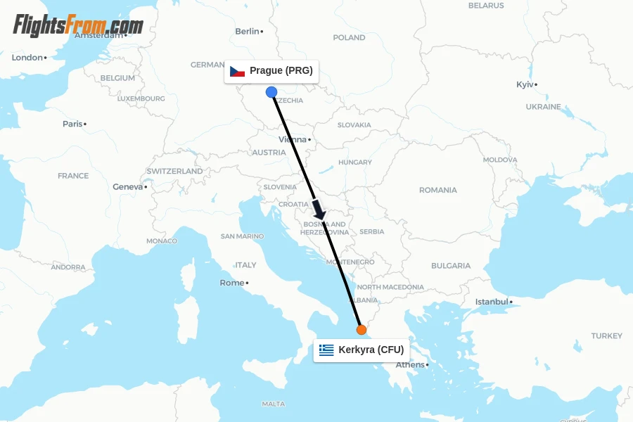 Flights from Prague to Kerkyra route map