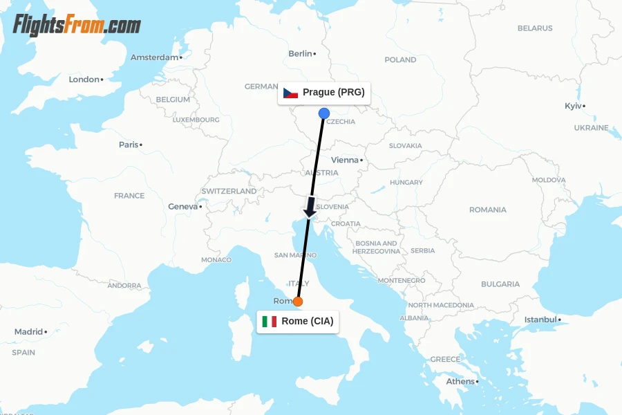 Flights from Prague to Rome route map