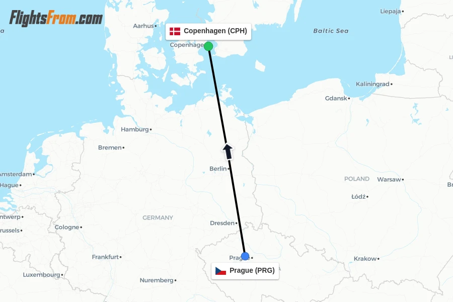 Flights from Prague to Copenhagen route map