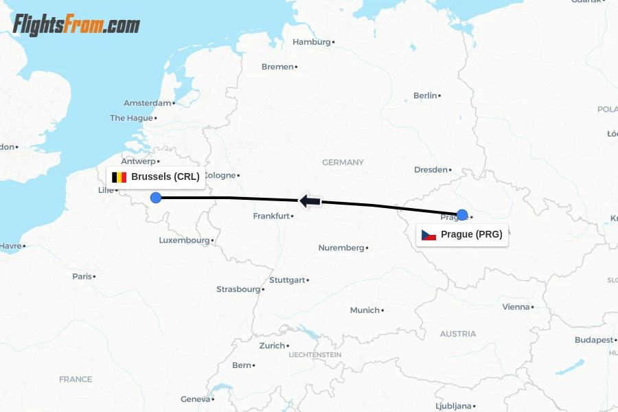 Flights from Prague to Brussels route map